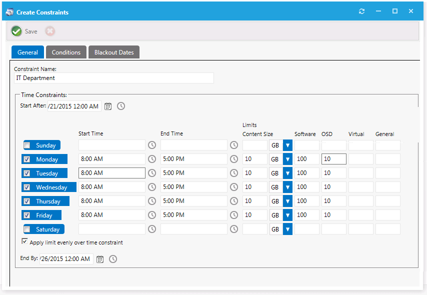 General Tab of Create Constraints / Global Constraint / Default Constraint Dialog Box