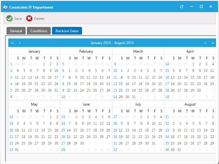 Blackout Dates Tab of Create Constraints / Global Constraint / Default Constraint Dialog Box
