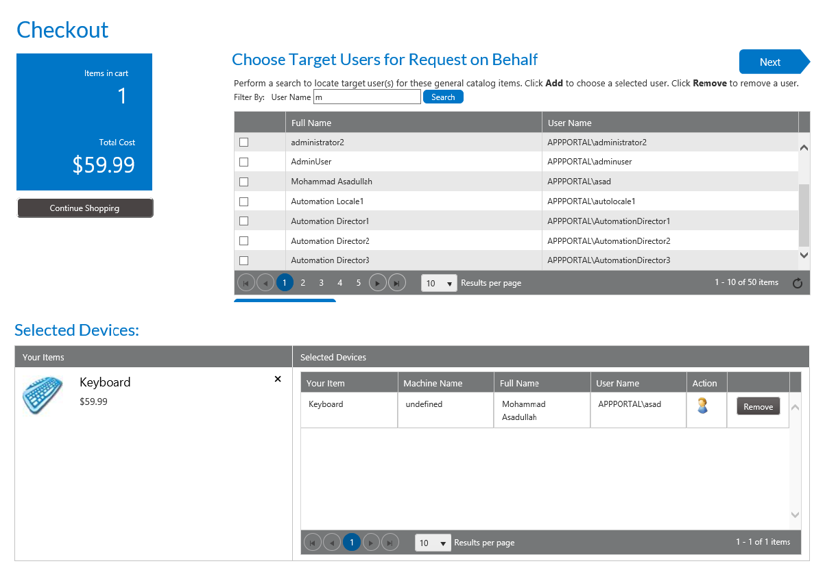 Choose Target Users for Request on Behalf Panel / Checkout Wizard