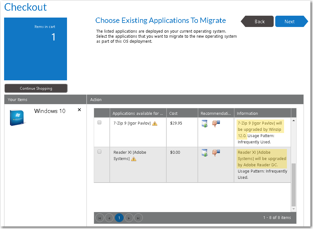 Upgrade/Replacement Items on Choose Existing Applications to Migrate Panel of Checkout Wizard